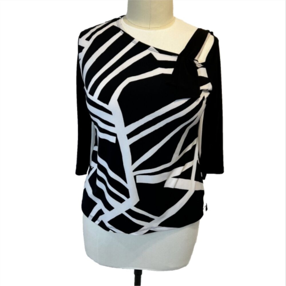 Clara Sun Woo - Women's XL Blouse Black and White Abstract Print Neck Cutout - Picture 2 of 9